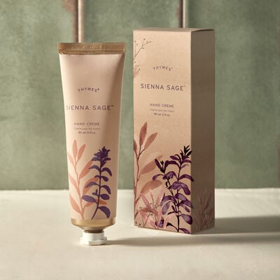 Thymes Sienna Sage Hand Cream and packaging on counter